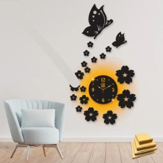 3D Wooden Wall Clock with Butterflies and Flowers