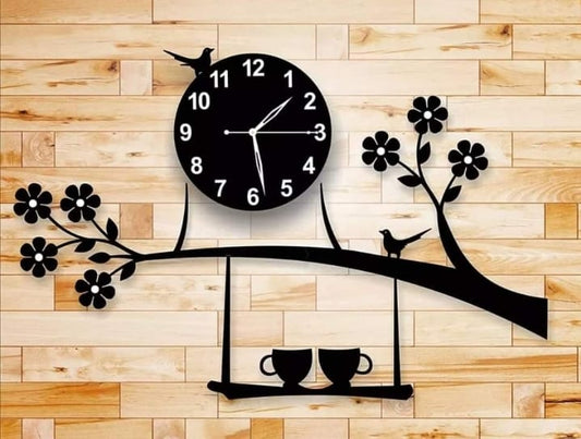 3D Birds on Tree with Coffee Cups Wooden Wall Clock